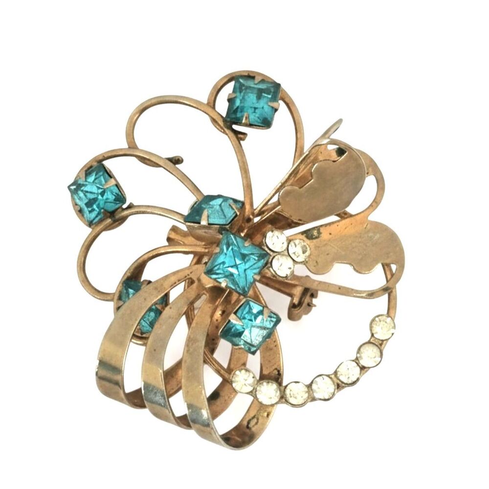 Vintage 40s Art Deco Brooch pendant Gold Tone Flower Design Blue Rhinestones